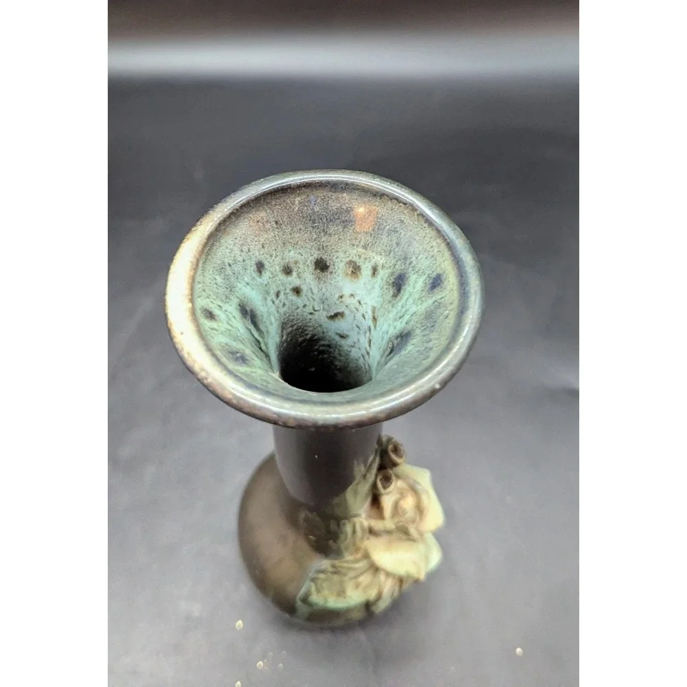 Vintage Lviv Ceramics Applied Flower Green Vase 7.25
